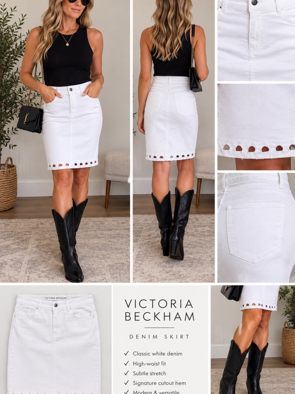 Victoria Beckham White Midi Denim Skirt with Cutout Hem